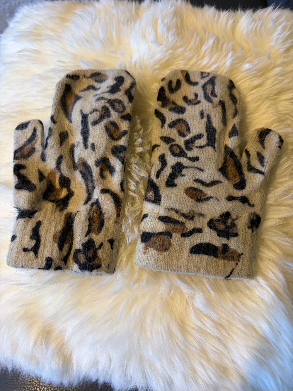 Kids Leopard Print Mittens - Beige